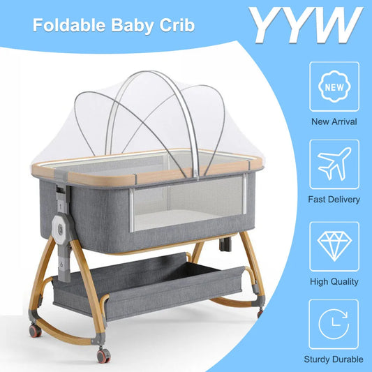 Foldable Baby Crib With Rollers Diapers Toys Storage Tray