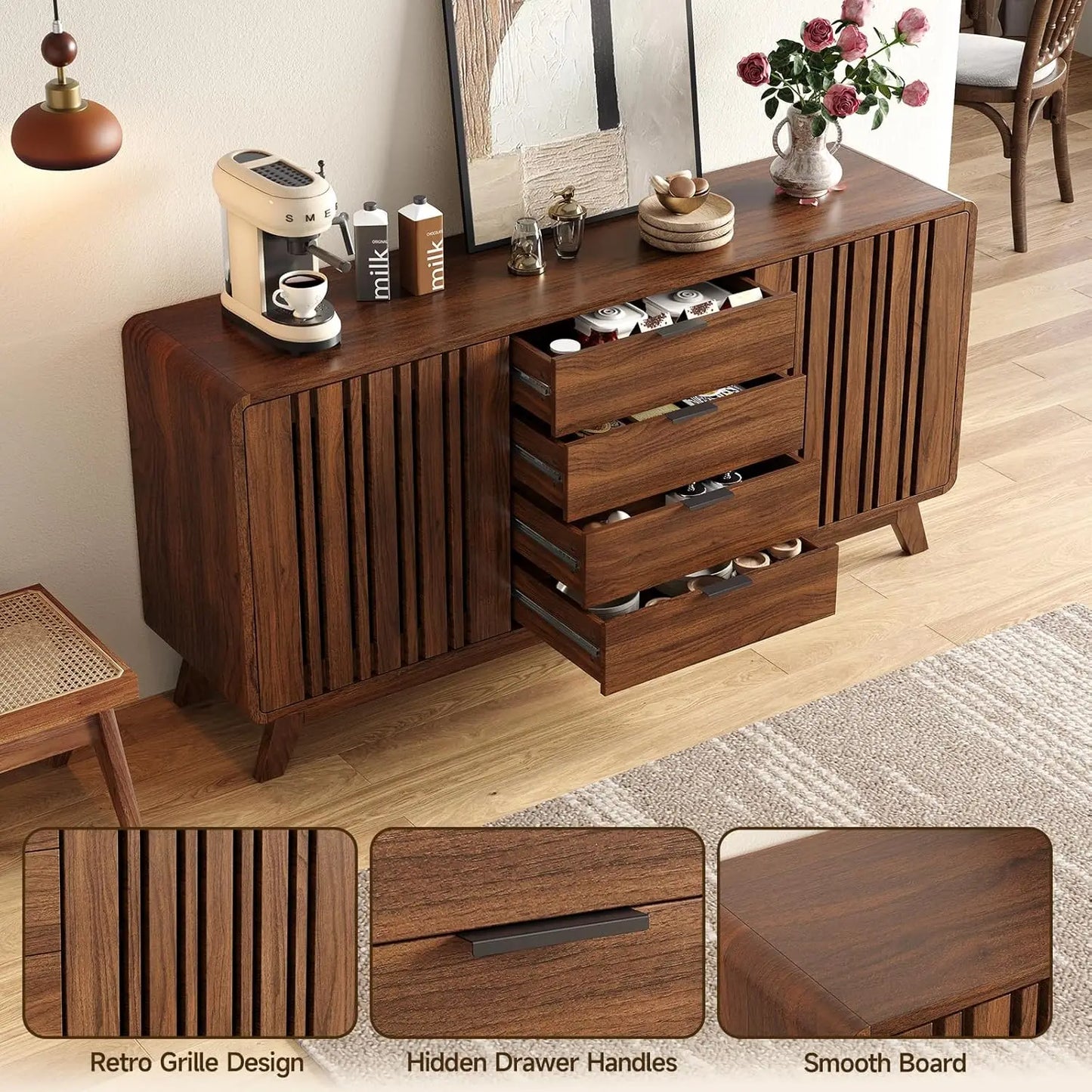 Mid Century Wooden Sideboard Buffet Cabinet With Storage Drawers