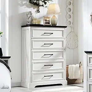 RBXC Farmhouse 5 Drawer Dresser Chest For Bedroom Storage