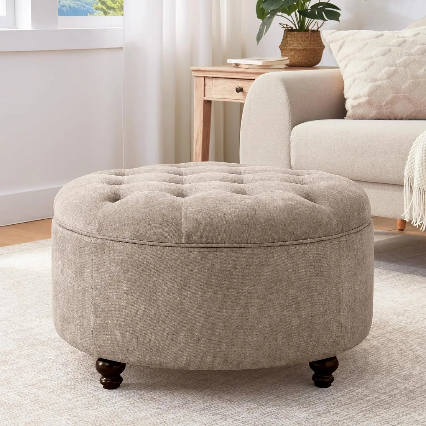 Round Tufted Storage Ottoman With Removable Top Coffee Table
