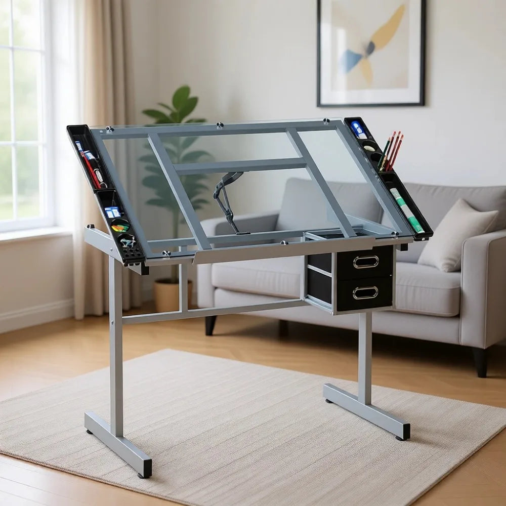 Adjustable Tempered Glass Drafting Table With Tilt Surface And Drawers