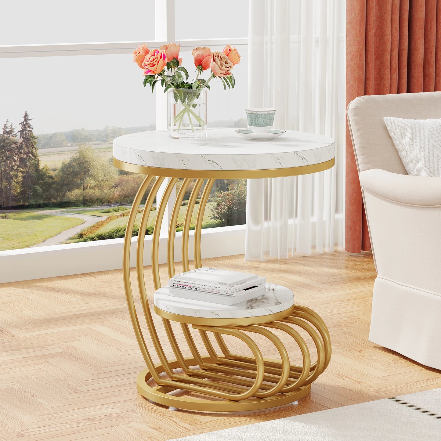 Tribesigns Round End Table With Two Tier Faux Marble Storage