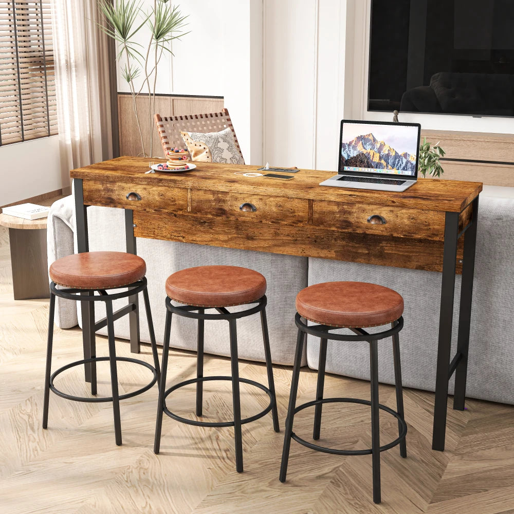 Three Drawer Dining Table Set With Power Outlets And PU Stools