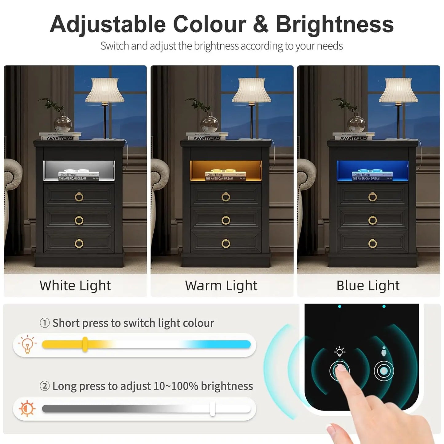 Minimalist Wooden Nightstand Set With Integrated Led Lights And Charger