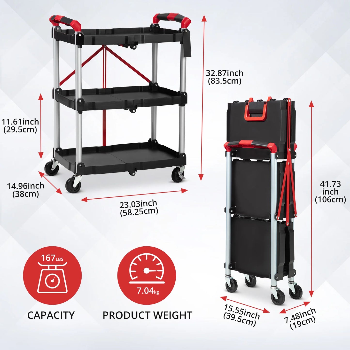 TWISTER.CK Three Tier Foldable Utility Rolling Cart With Locks