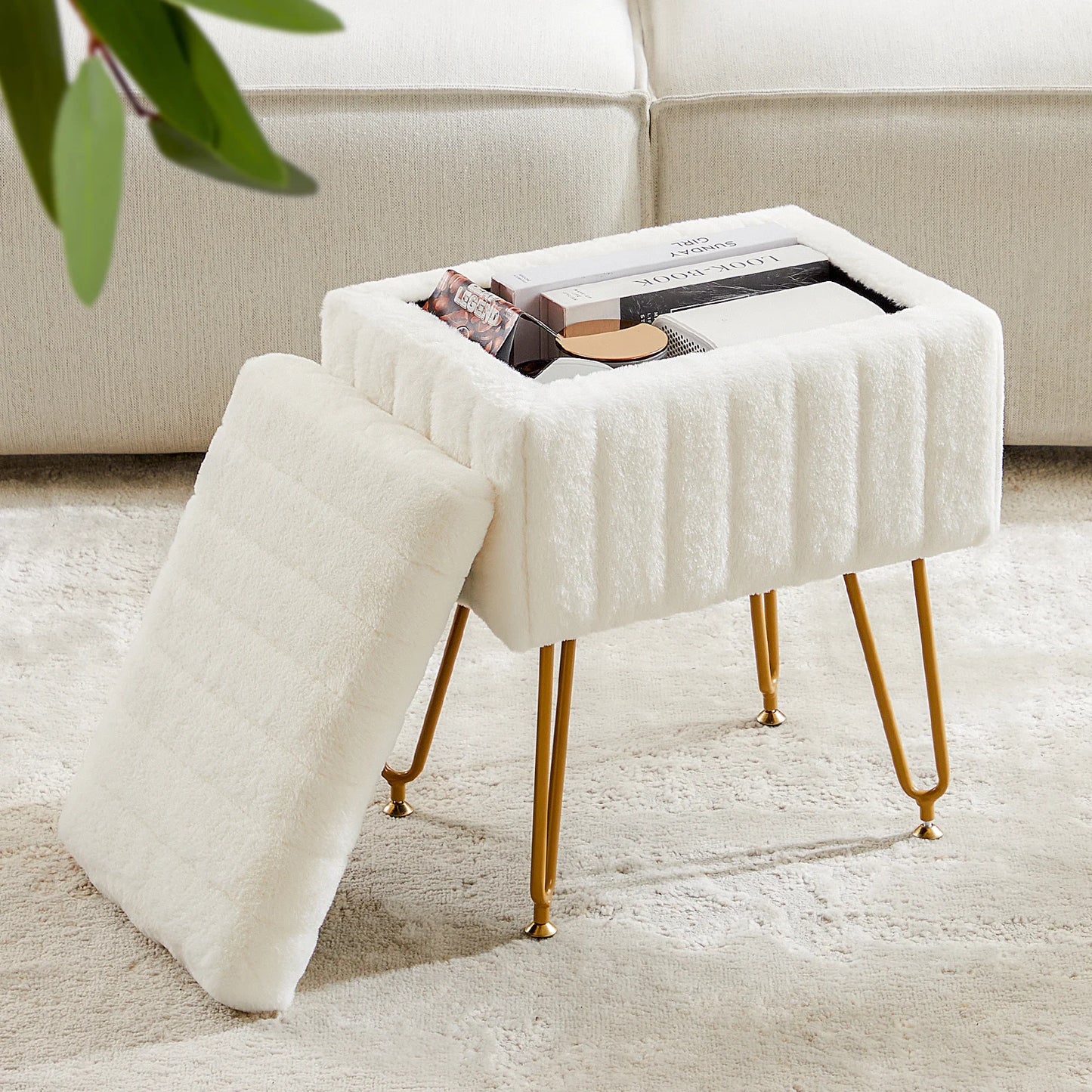 JHK Modern Faux Fur Storage Ottoman With Metal Legs