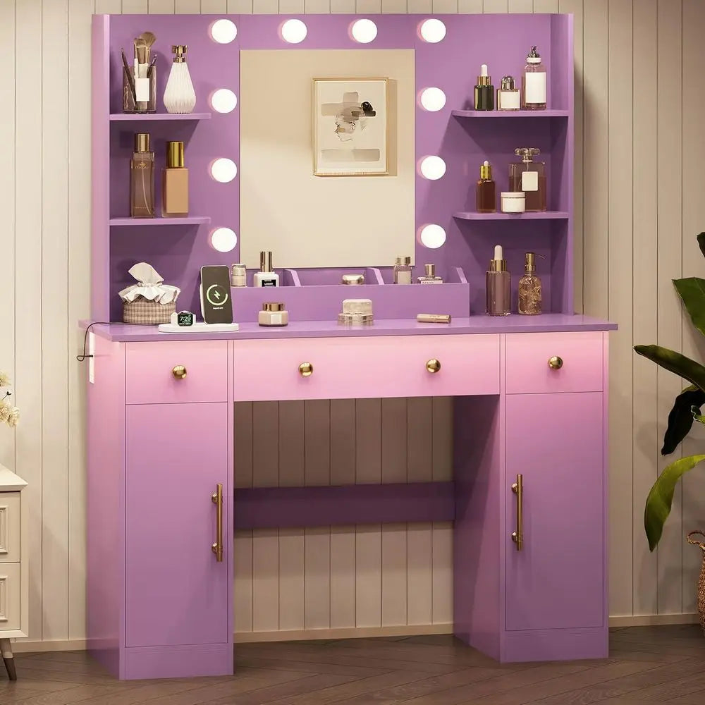 Makeup Vanity Desk With Mirror LED Lighting And Power Outlet