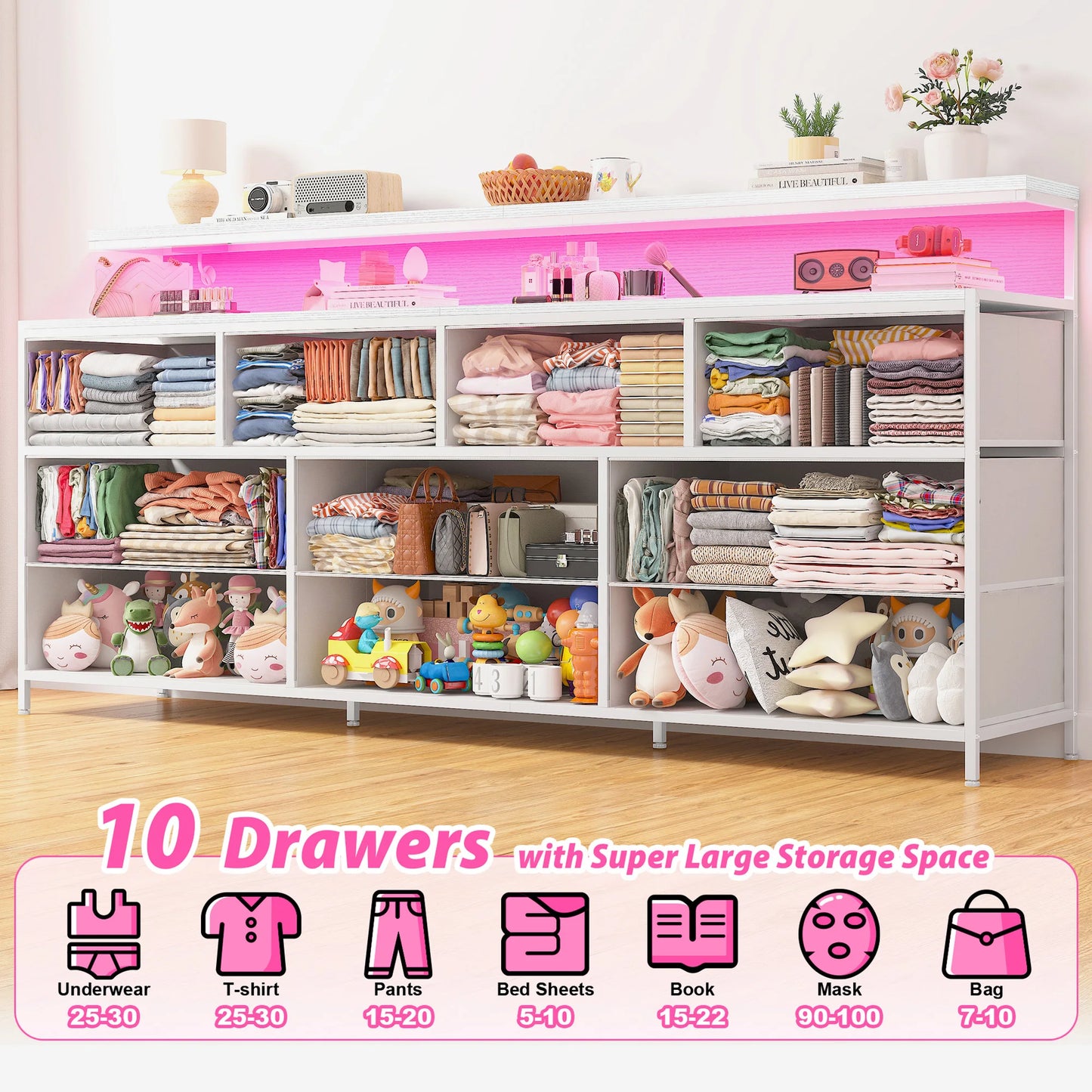 Smart Dresser with LED Lighting and Power Outlets, Metal Frame