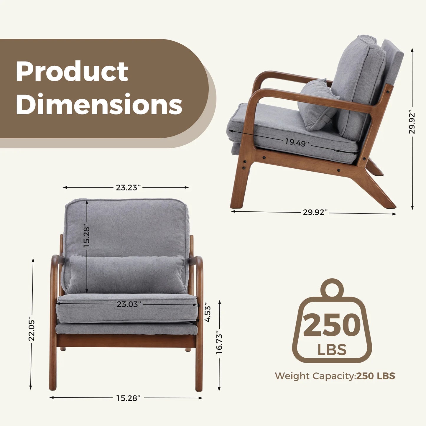 JHK Mid Century Modern Wooden Accent Chair With Comfort Cushion