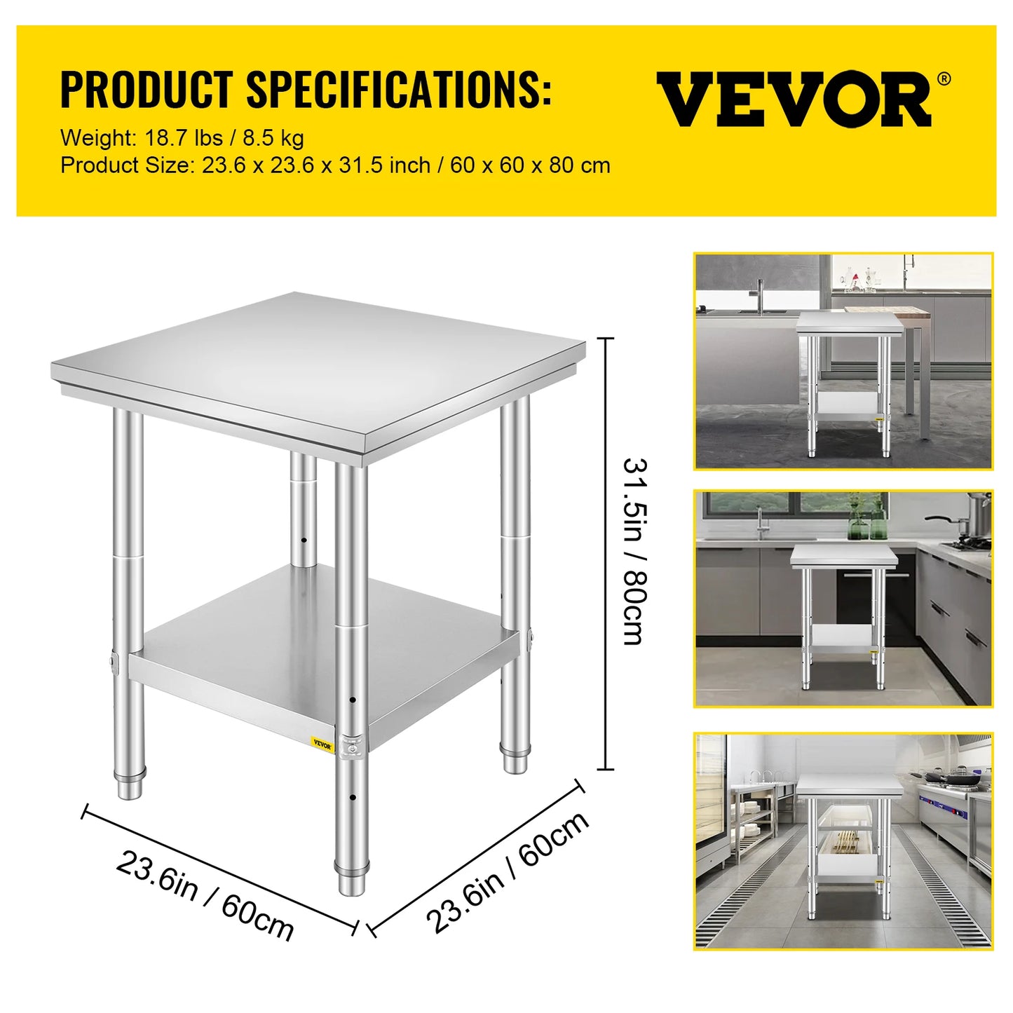 Commercial Kitchen Work Bench With Undershelf Stainless Steel 330LBS