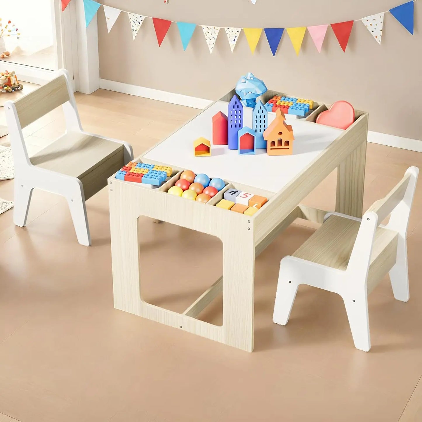 AuAg Wooden Toddler Table And Chairs Set With Storage