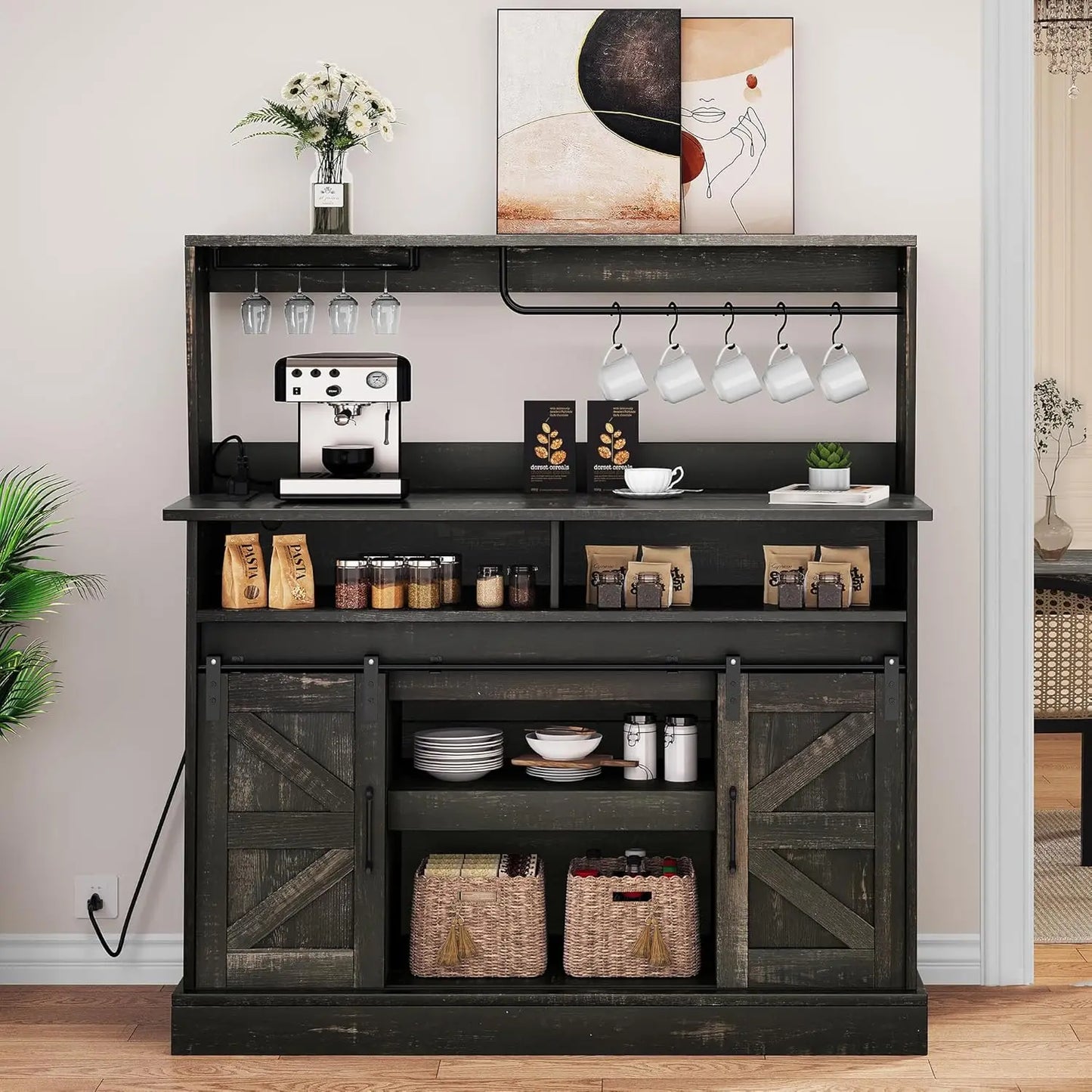 Buffet Cabinets Storage Farmhouse Coffee Bar Goblet Holder Power Outlet