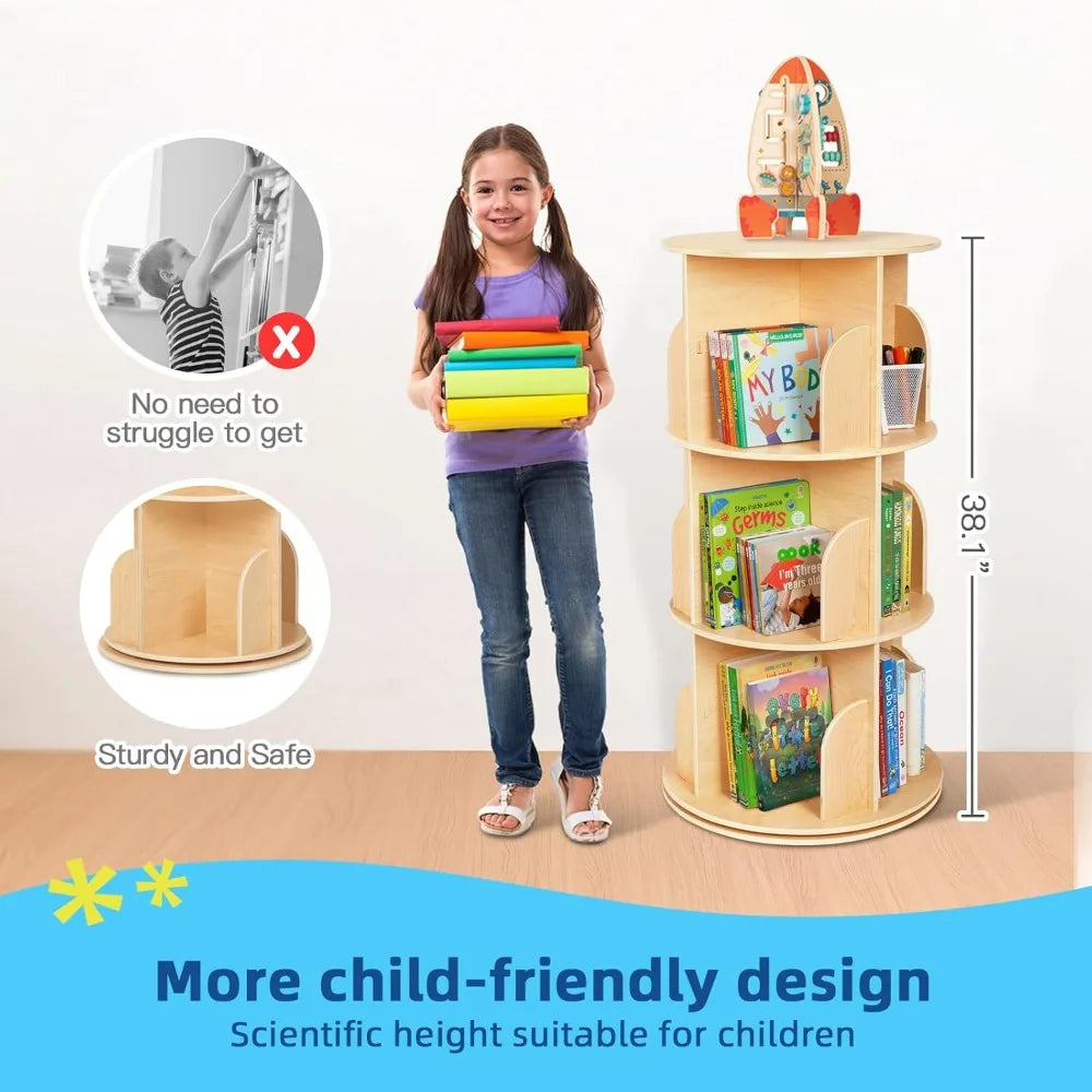 DAFIFY Kids 360 Degree Rotating Corner Bookshelf 3-Tier Floor Display