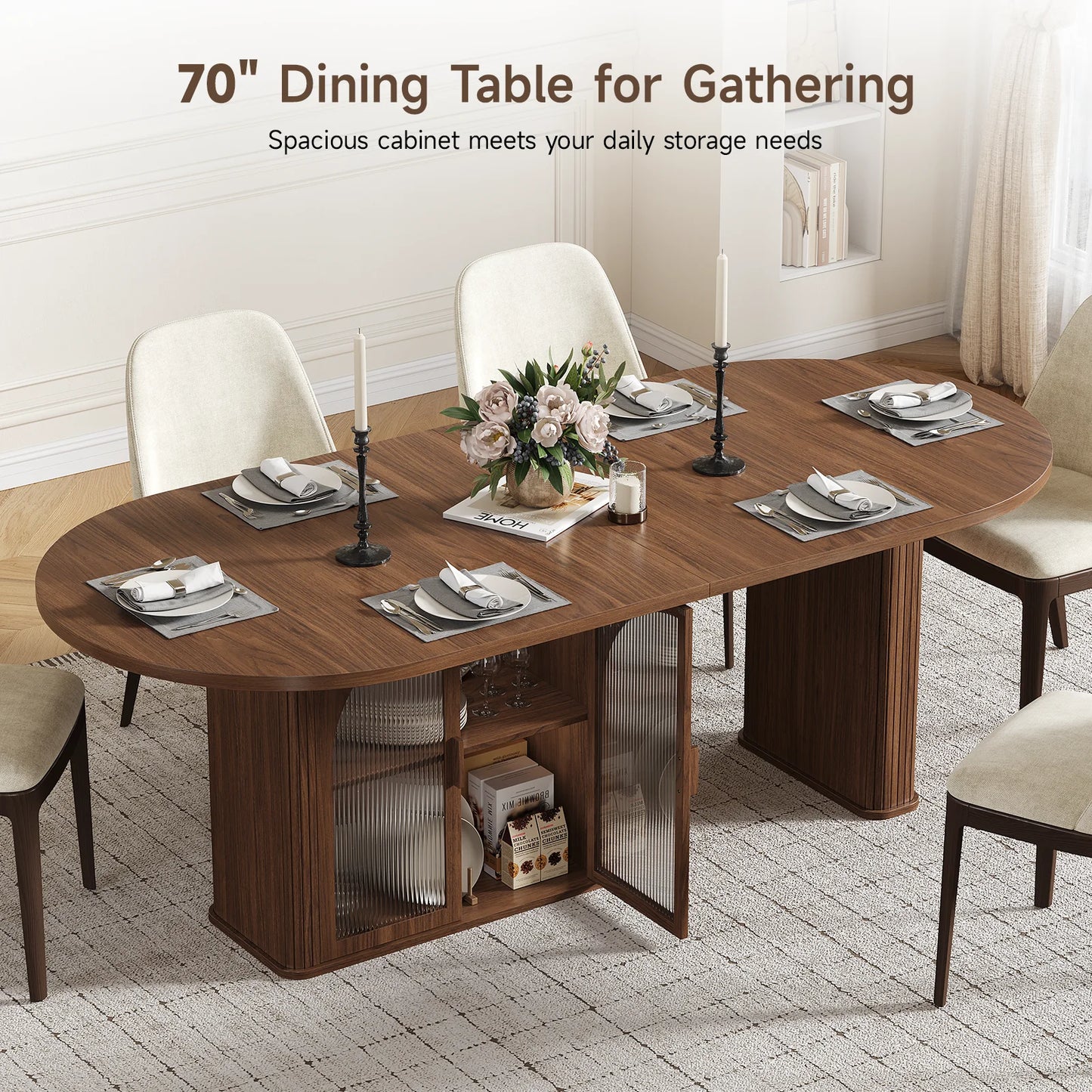 Onbrill Modern Oval Wood Dining Table With Led Lighting