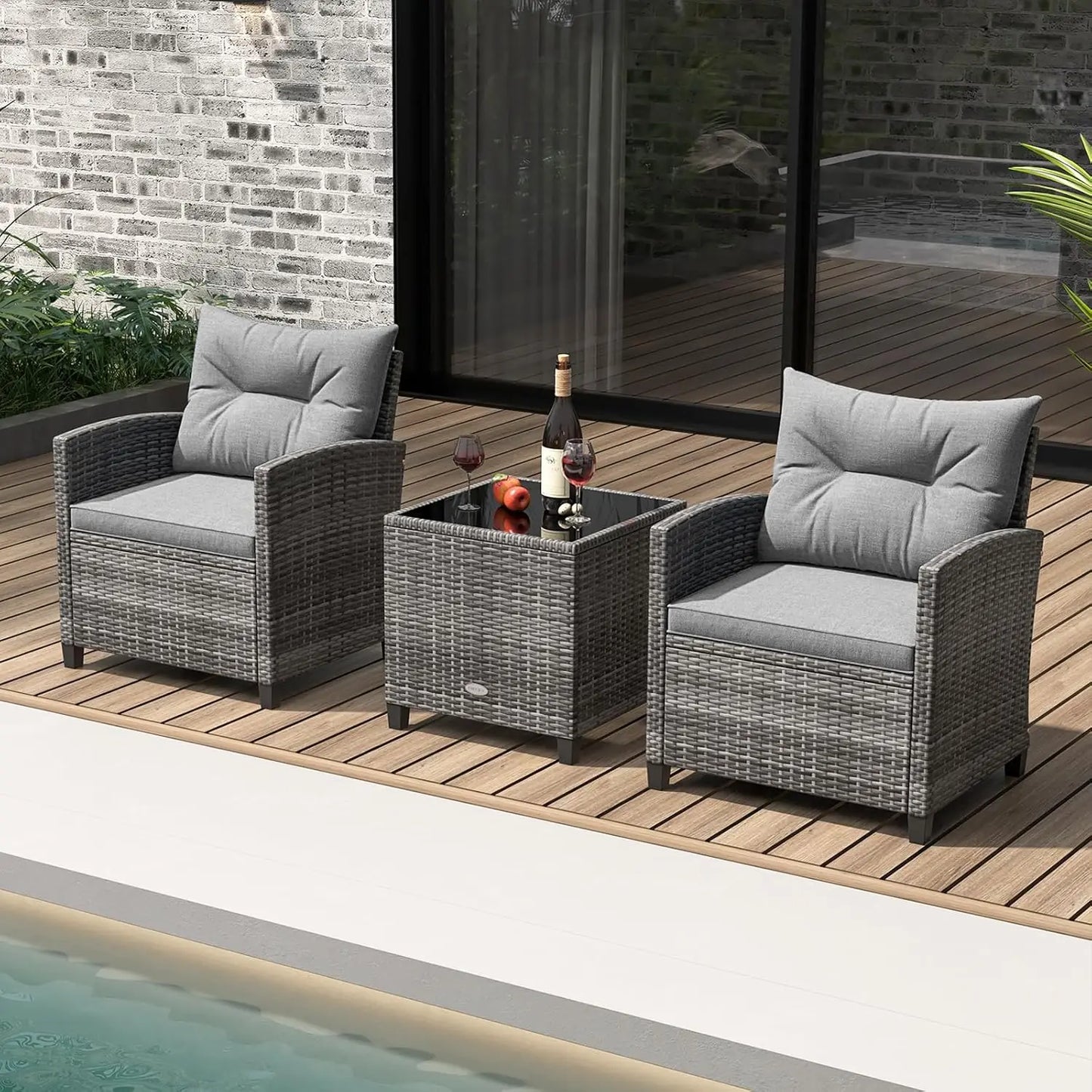 Three Piece Outdoor PE Rattan Patio Set With Glass Tabletop