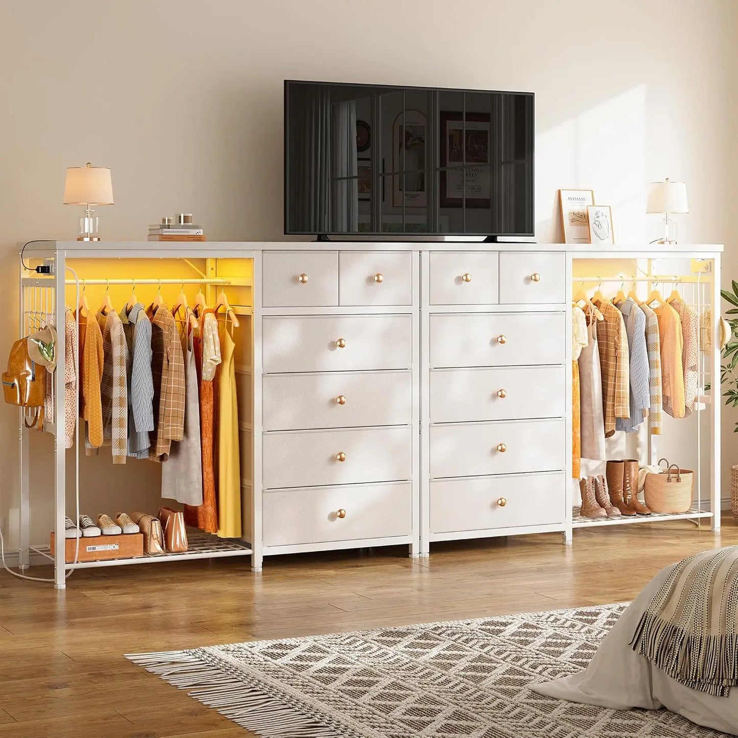 Modern Dresser With Hanging Rack And LED Lights Charging Station