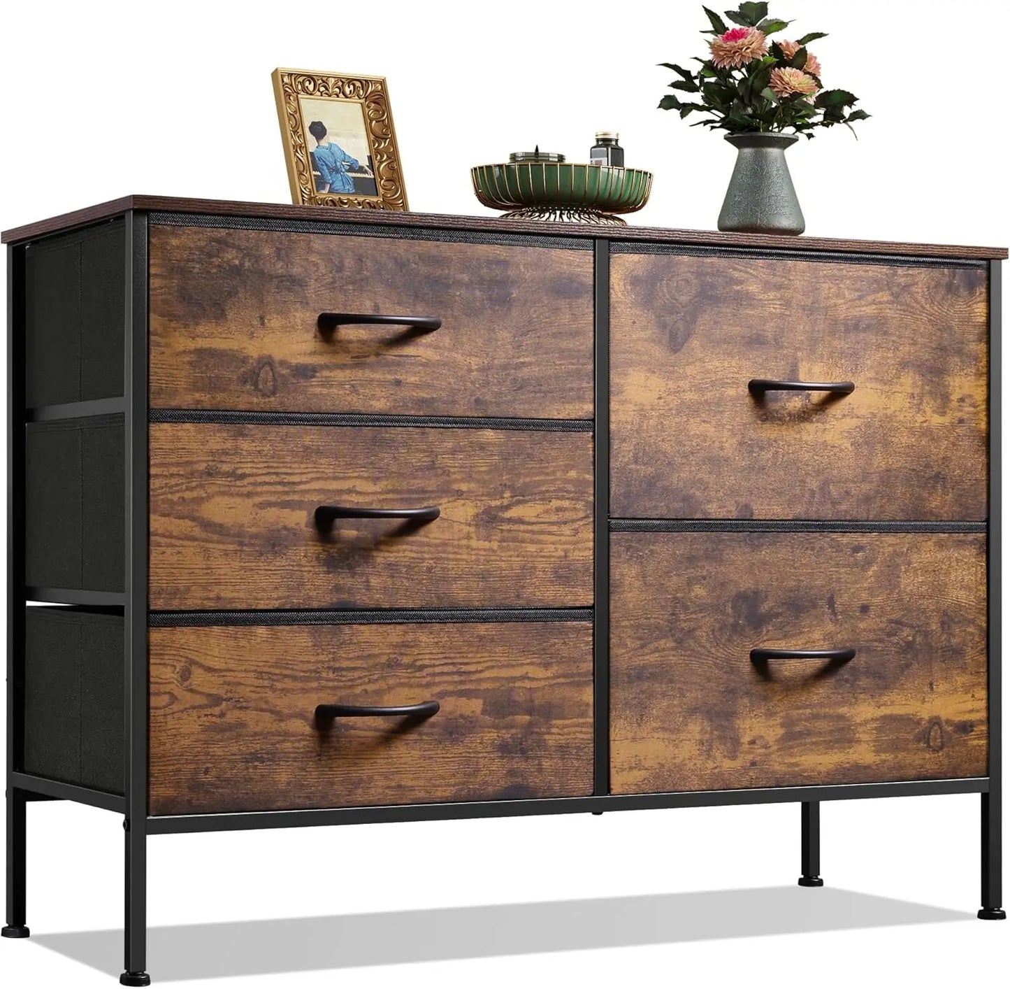 JHK 5-Drawer Dresser With Metal Frame For Living Room Storage
