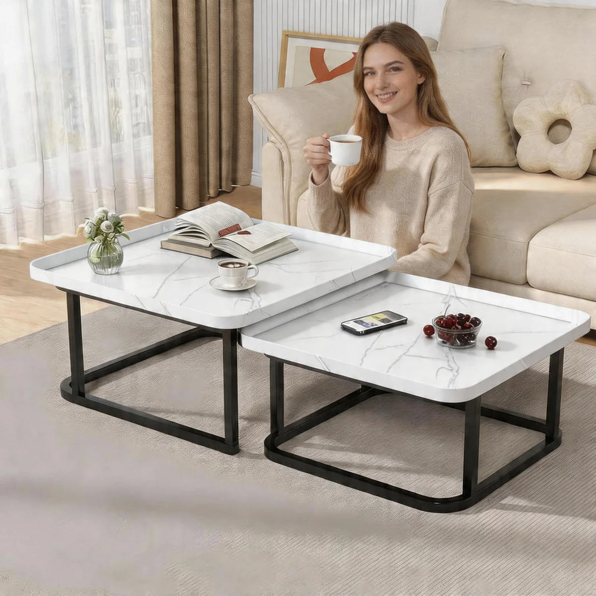 HiMISS Square Nesting Coffee Table Set For Living Room