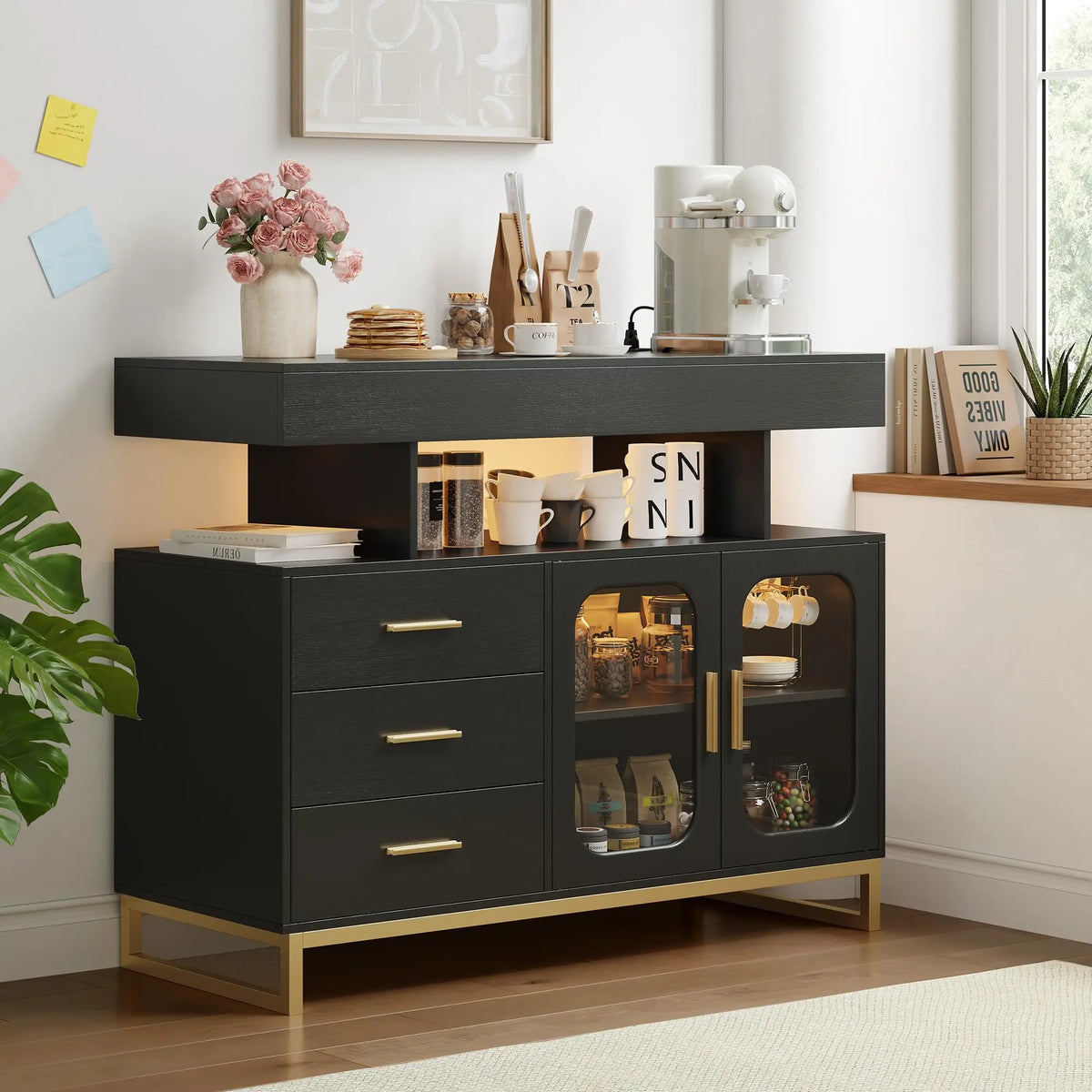HiMiss Modern Sideboard With LED Lights And Charging Station