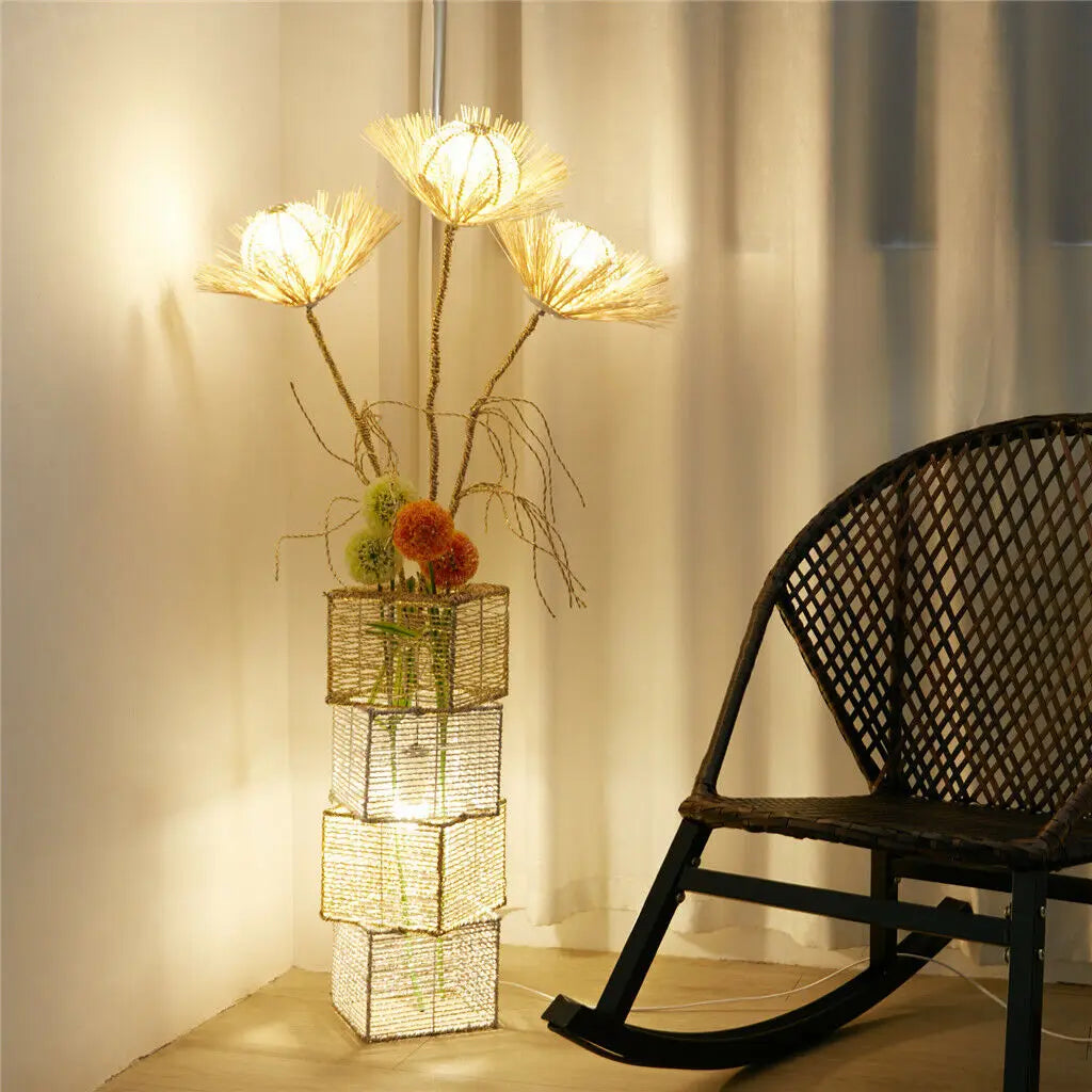 Modern Rattan Floor Lamp Dimmable with LED Bulbs Living Room