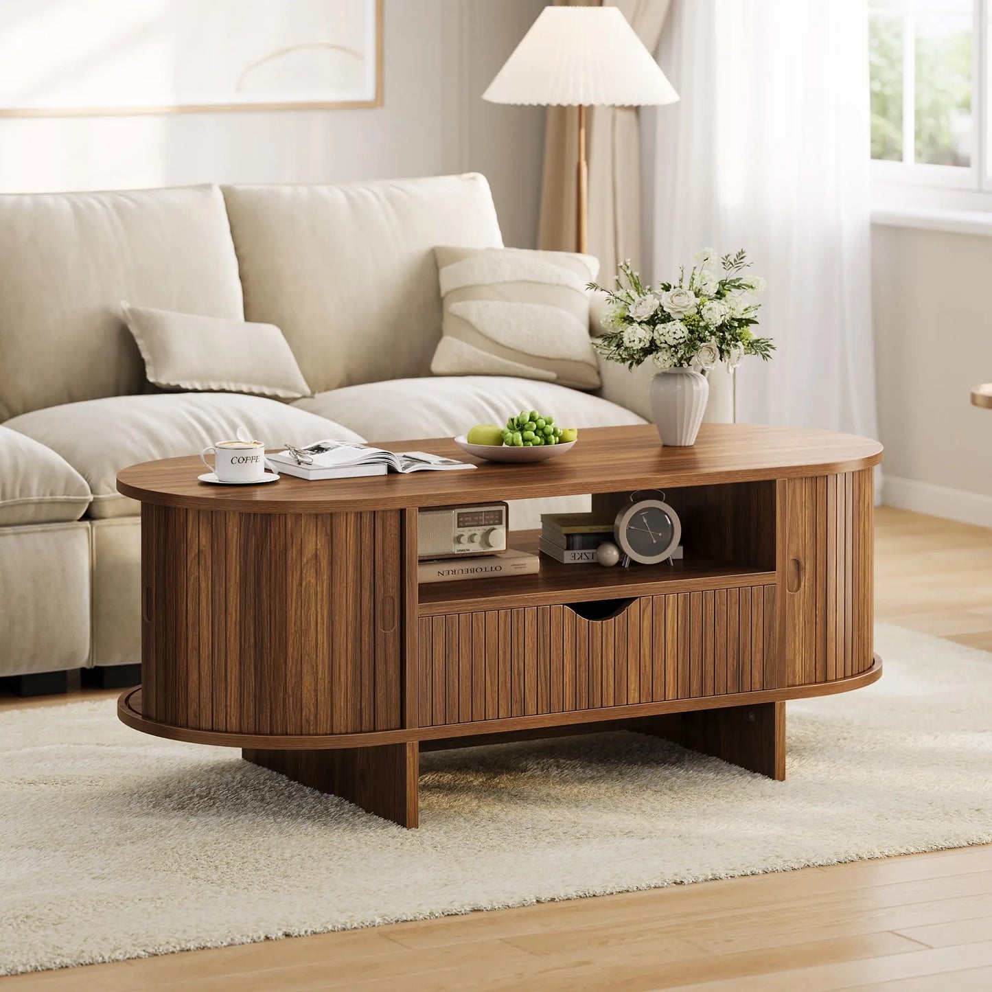 HiMiss Modern Fluted Wood Coffee Table With Storage Cabinet