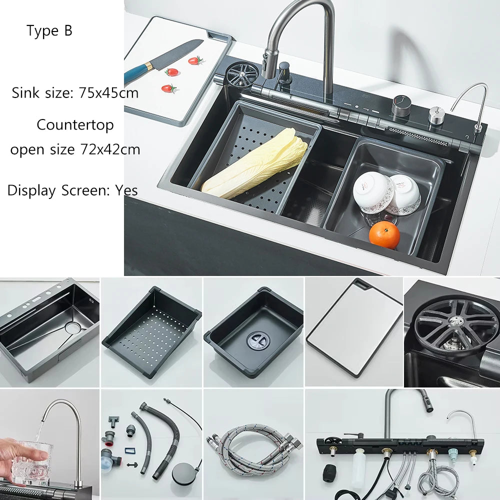 Brushed Golden Smart Digital Display Kitchen Sink Set With Waterfall Faucet