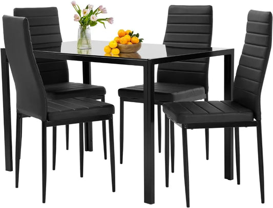 5-Piece Dining Table Set With Glass Table And Upholstered Chairs