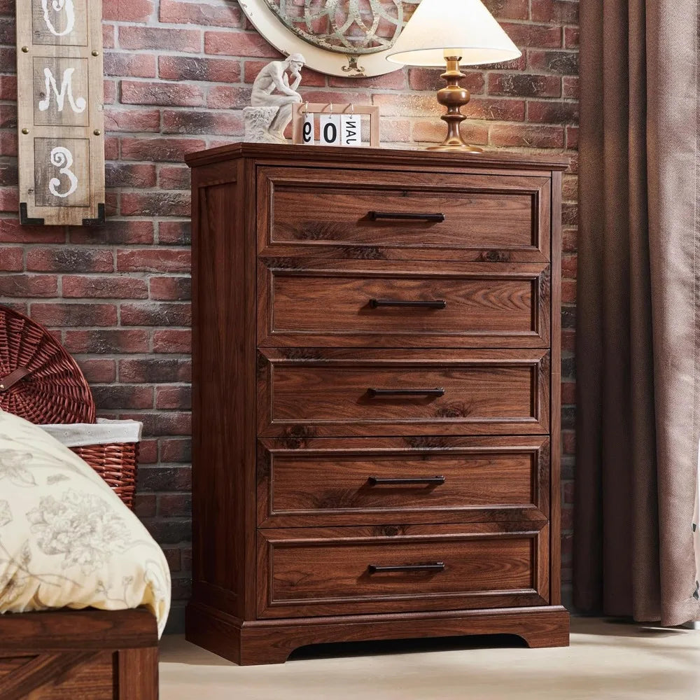 RBXC Farmhouse 5 Drawer Dresser Chest For Bedroom Storage