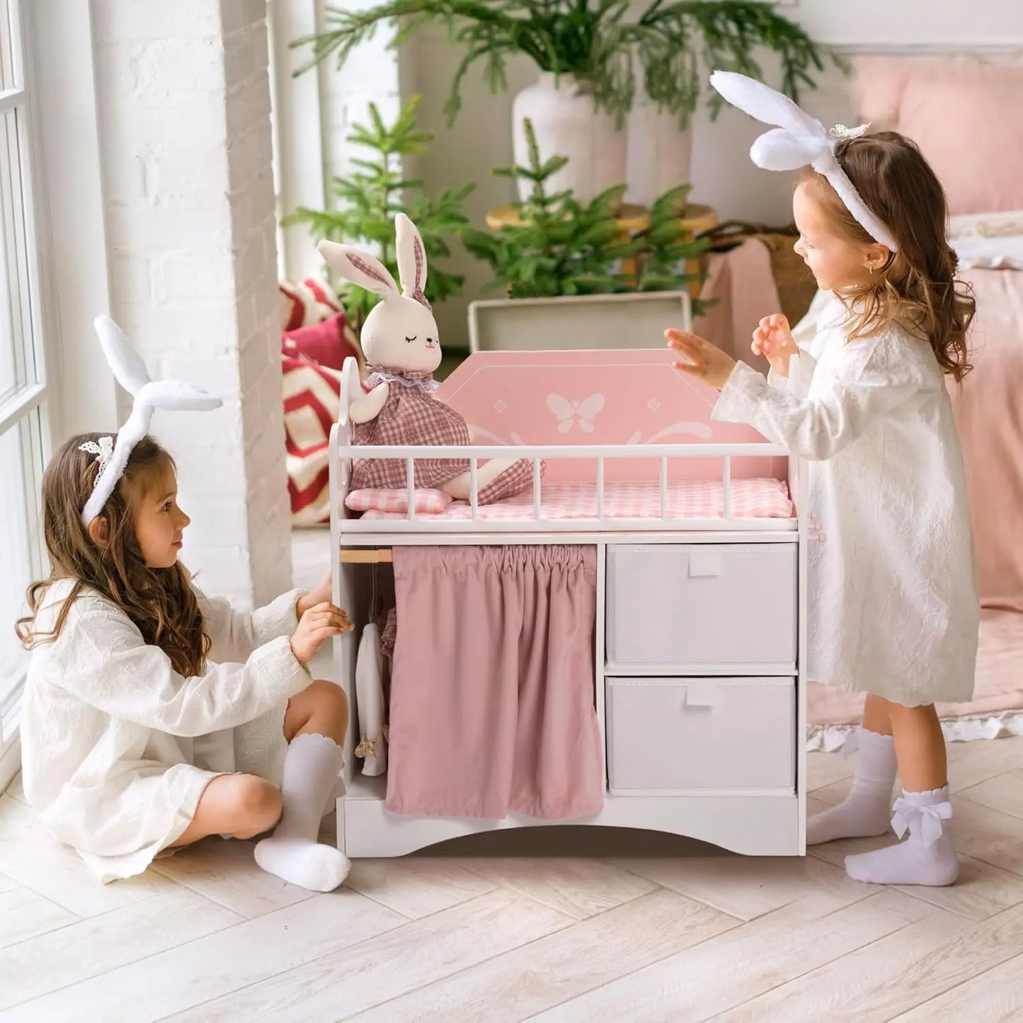 Robotime Wooden Baby Doll Crib Set With Storage Bedding Hooks