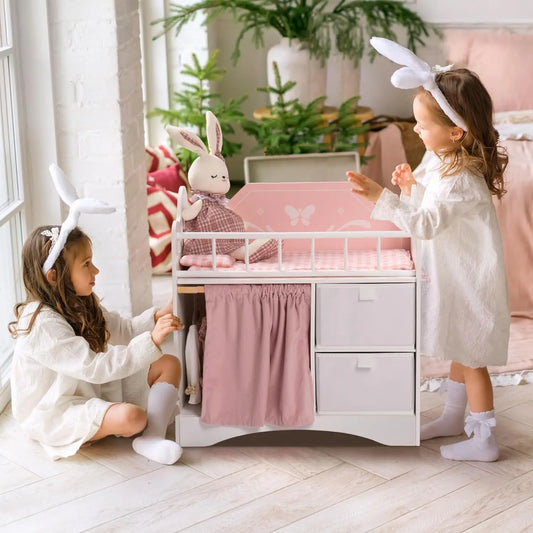 Robotime Wooden Baby Doll Crib Set With Storage Bedding Hooks