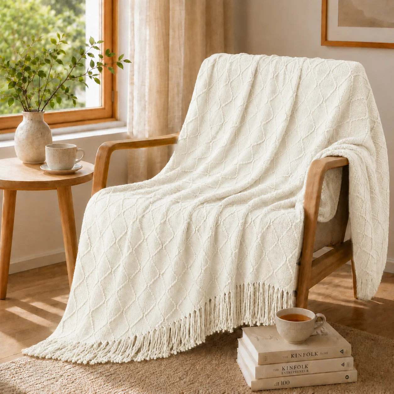 Textured Bobble Diamond Knit Throw Blanket Featuring Tassel Fringe