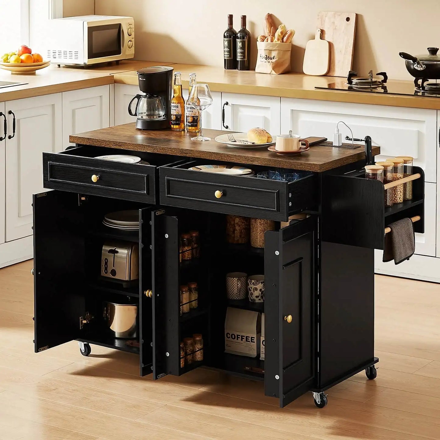 Mobile Wood Kitchen Island With Drop Leaf And Power Outlet