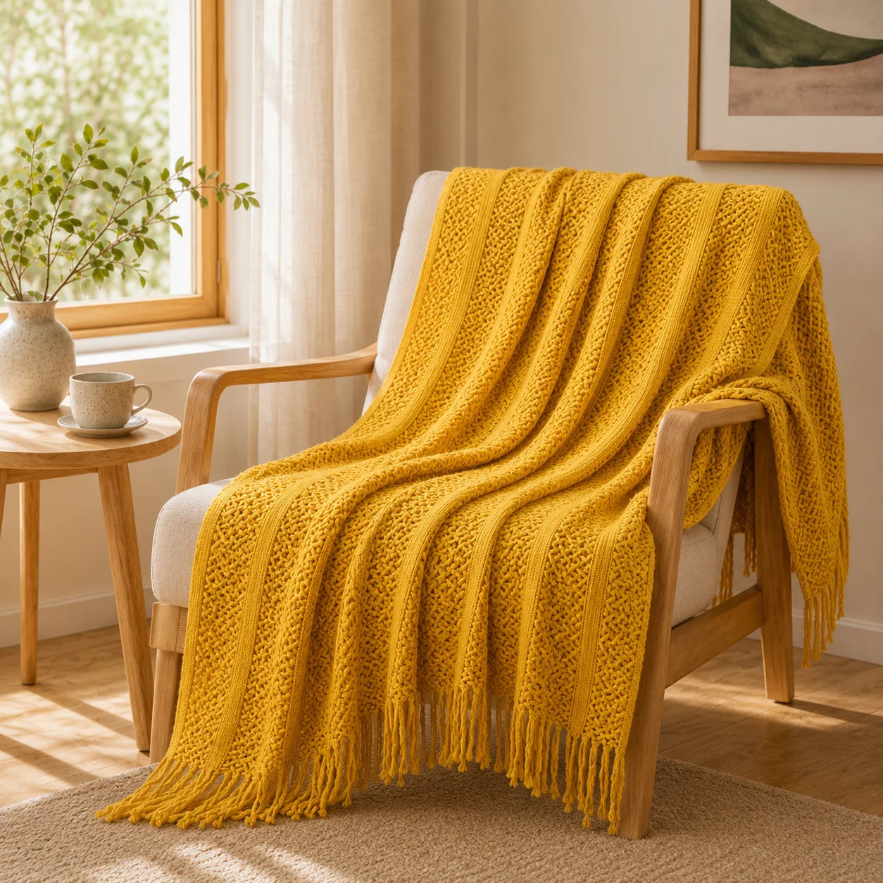 Textured Bobble Diamond Knit Throw Blanket Featuring Tassel Fringe