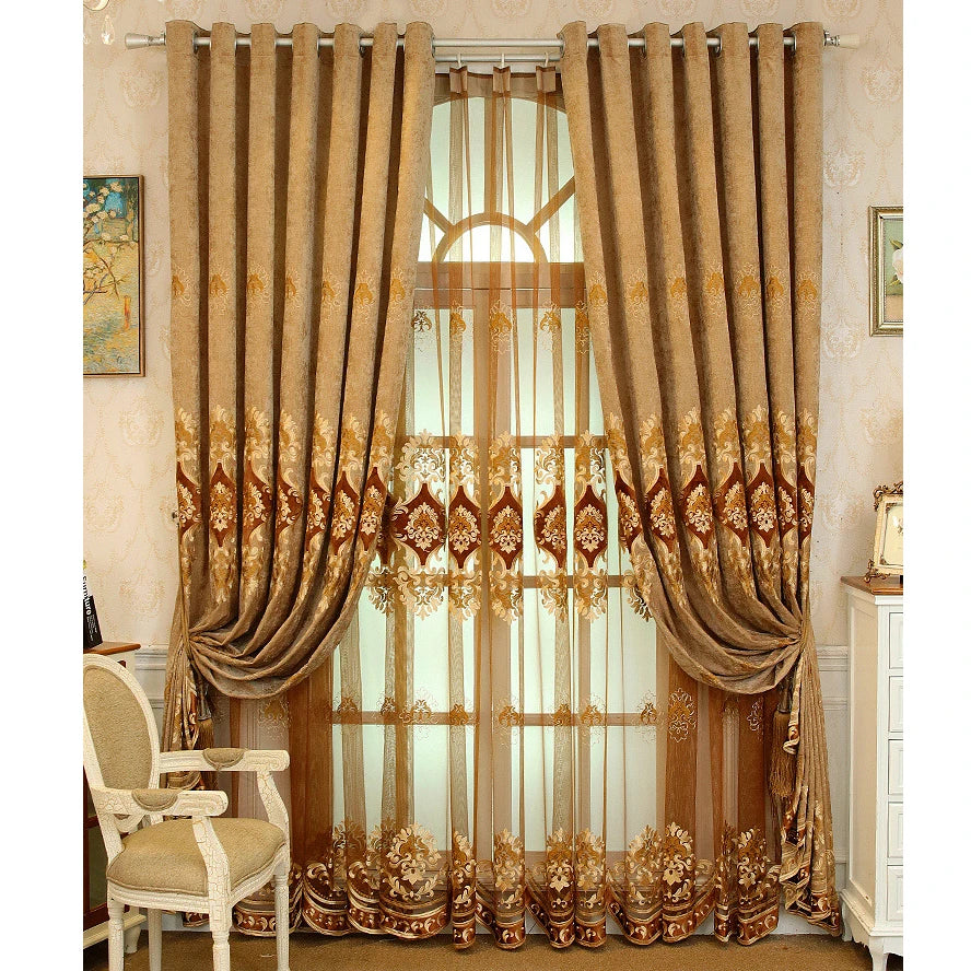 Floral Embroidered Chenille Grommet Top Light Blocking Curtains
