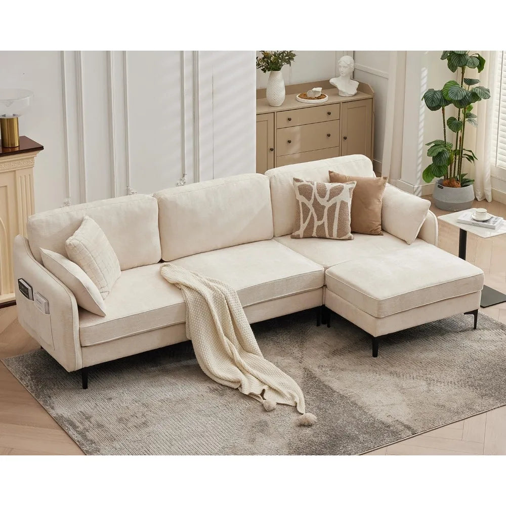 L Shaped Chenille Sectional Sofa With Movable Ottoman For Living Room