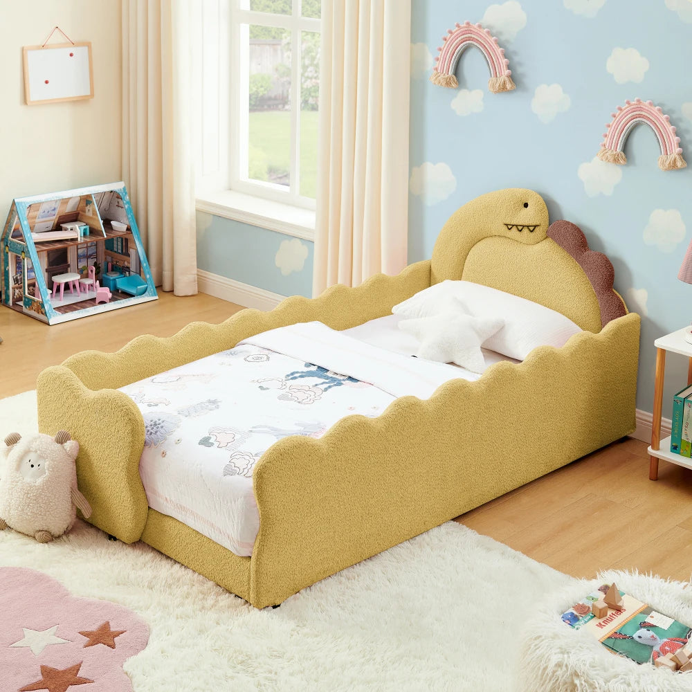Dinosaur Shaped Kids Bed Frame With Safety Guard Rails Solid Wood