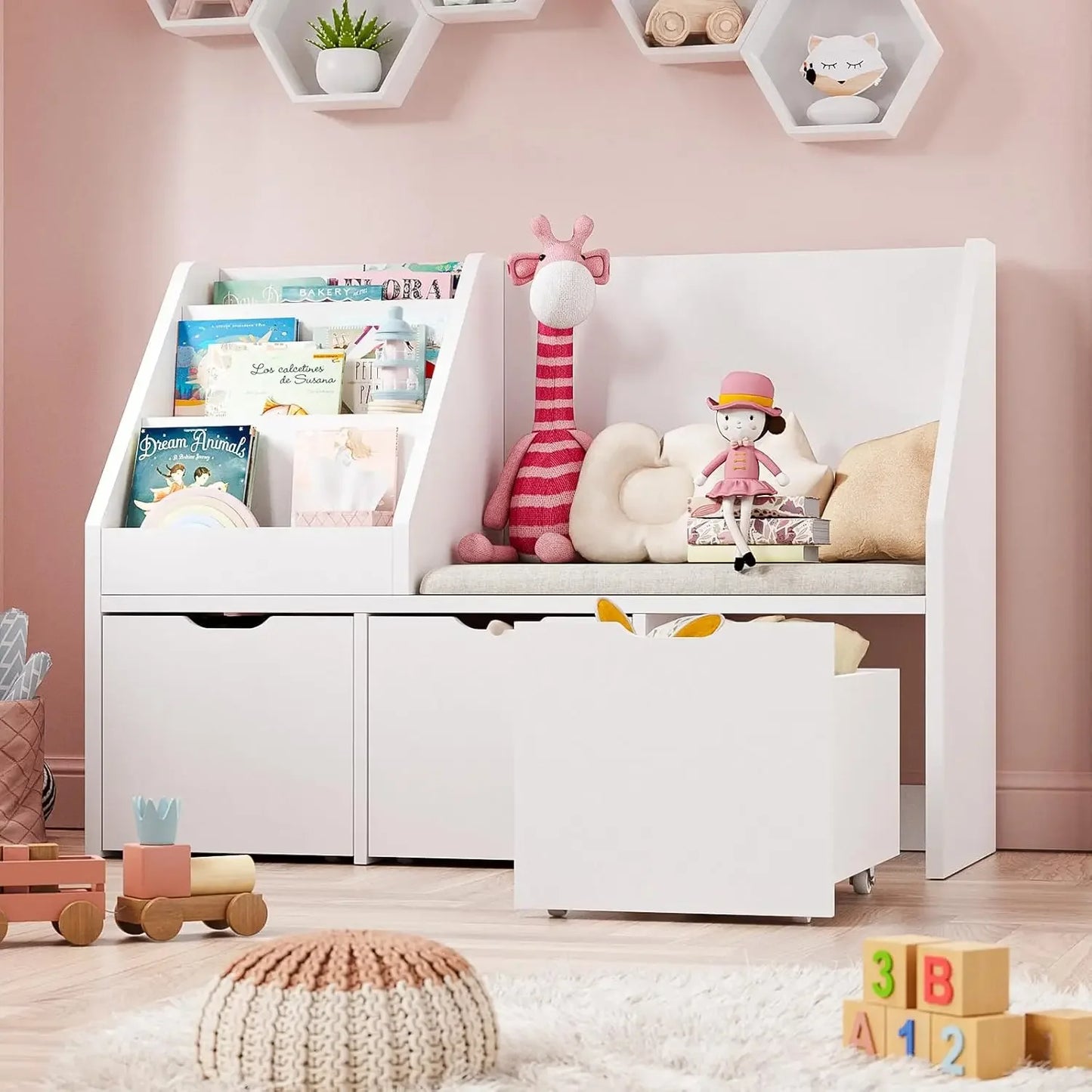 Kids Reading Nook With Bench And Toy Storage Organizer