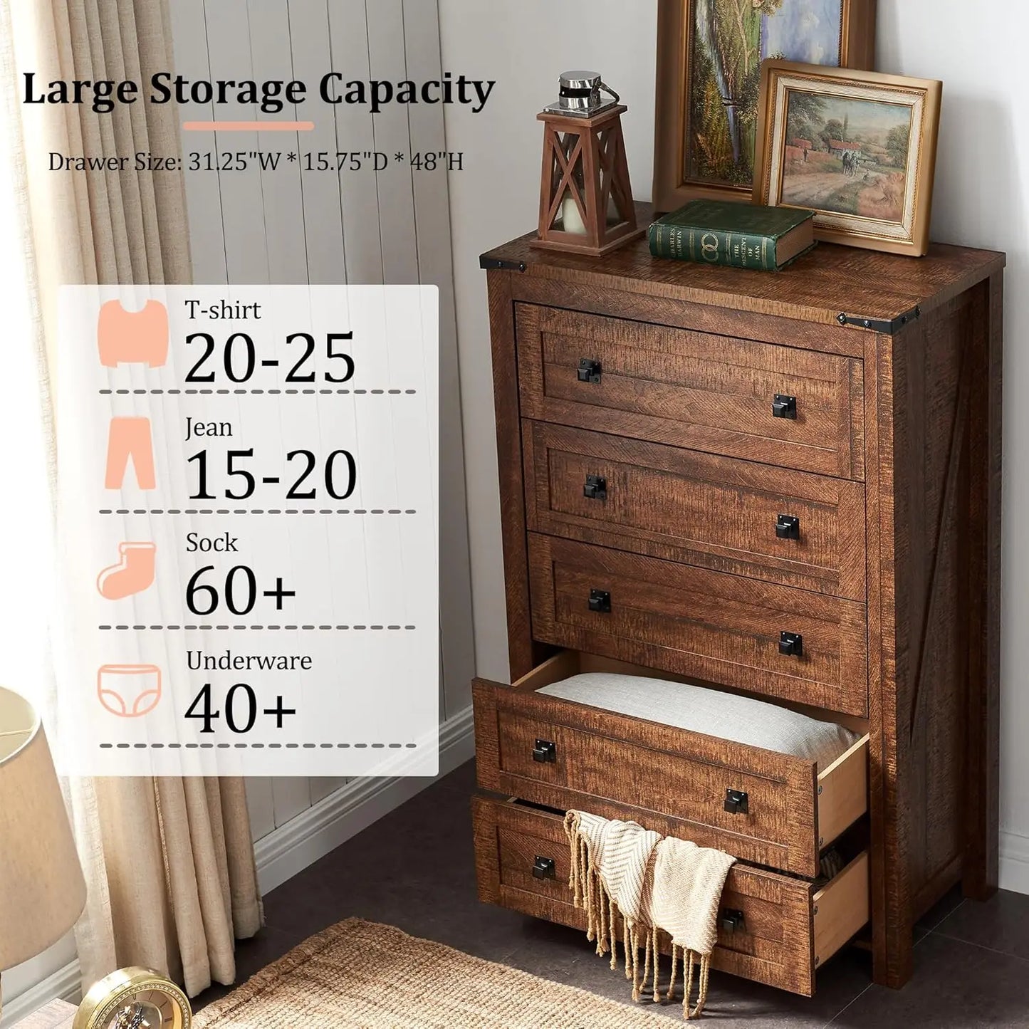 Farmhouse 5 Drawer Dresser In Rustic Wood For Bedroom