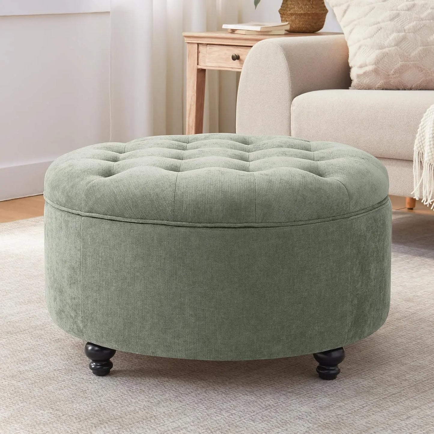 Round Tufted Storage Ottoman With Removable Top Coffee Table