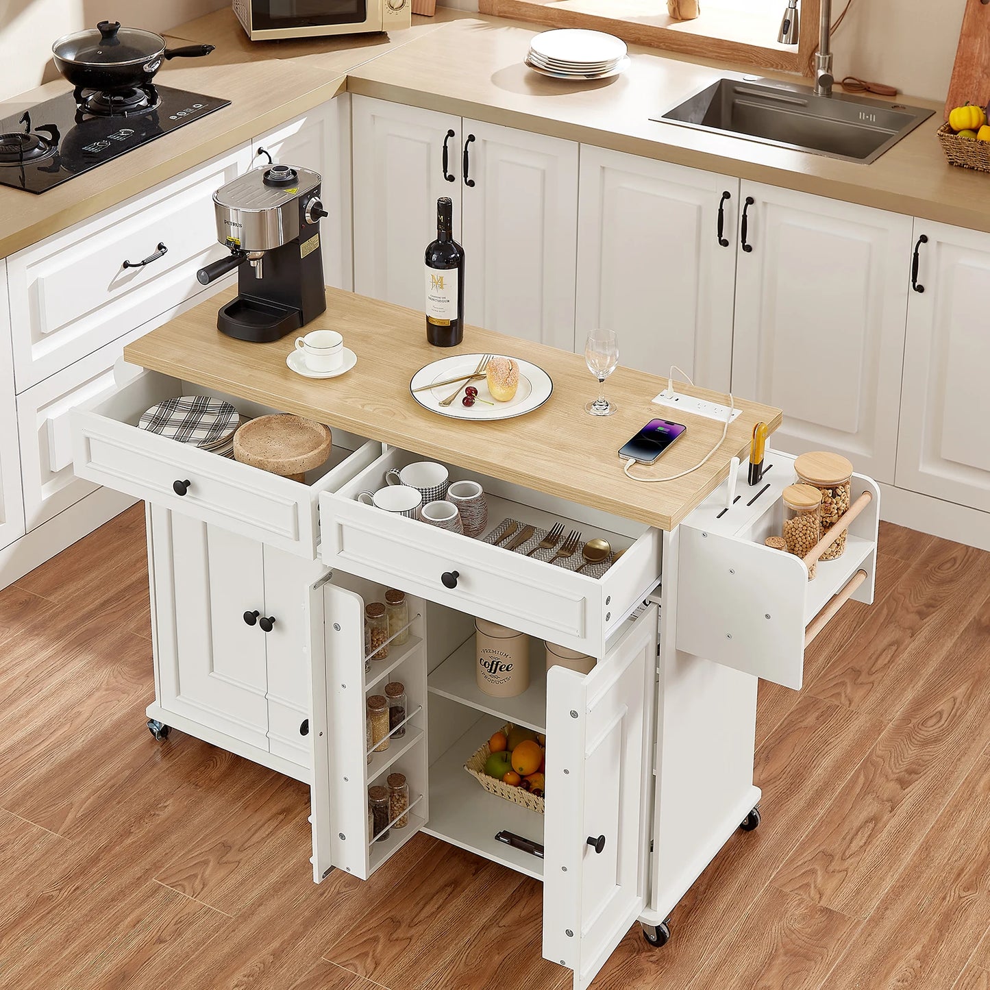 Mobile Wood Kitchen Island With Drop Leaf And Power Outlet