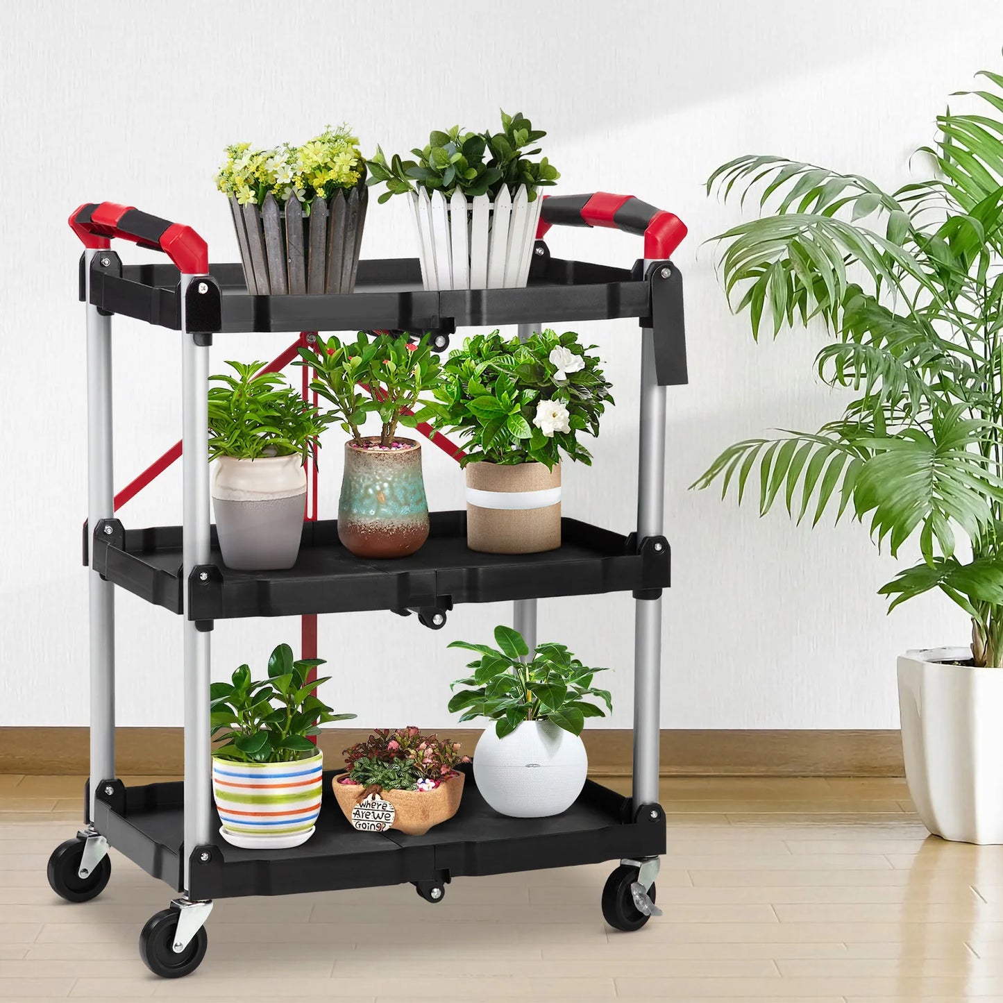 TWISTER.CK Three Tier Foldable Utility Rolling Cart With Locks