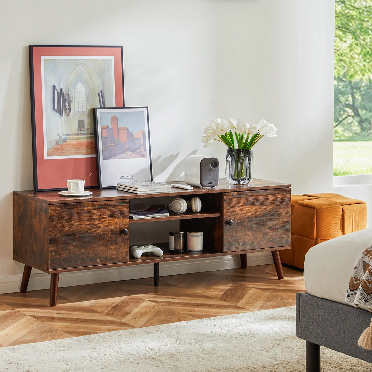 JHK Modern Wooden TV Stand With Adjustable Shelf Storage Console