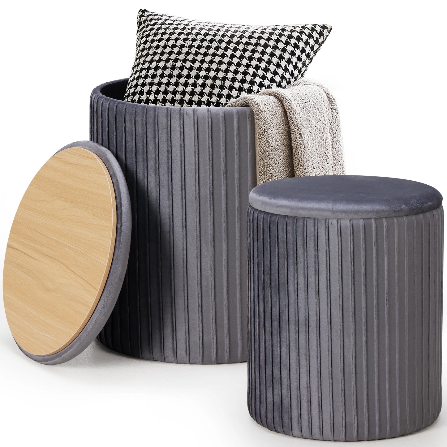 JHK Round Storage Ottoman With Hidden Footstool Toy Box