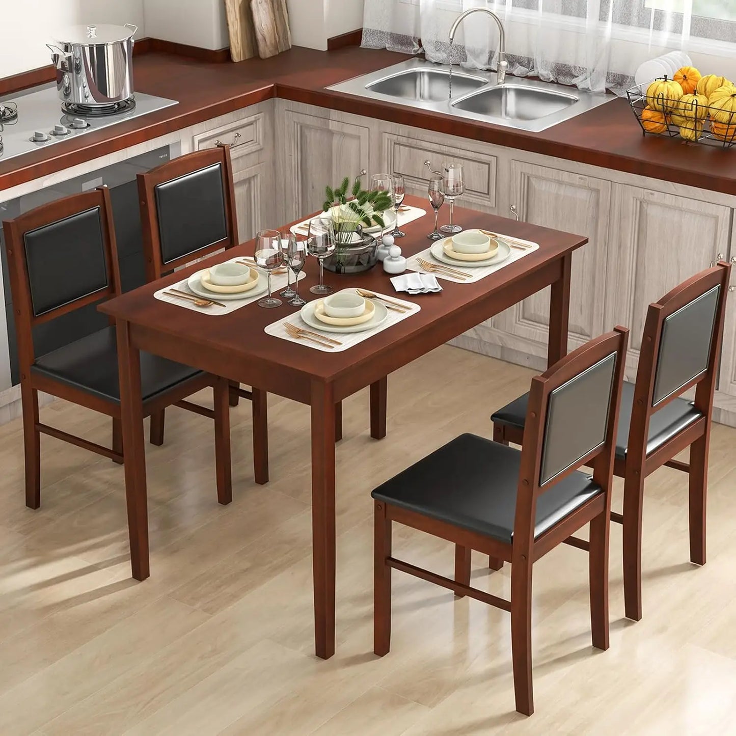 Mid Century Modern Solid Wood Dining Table And Four Chairs
