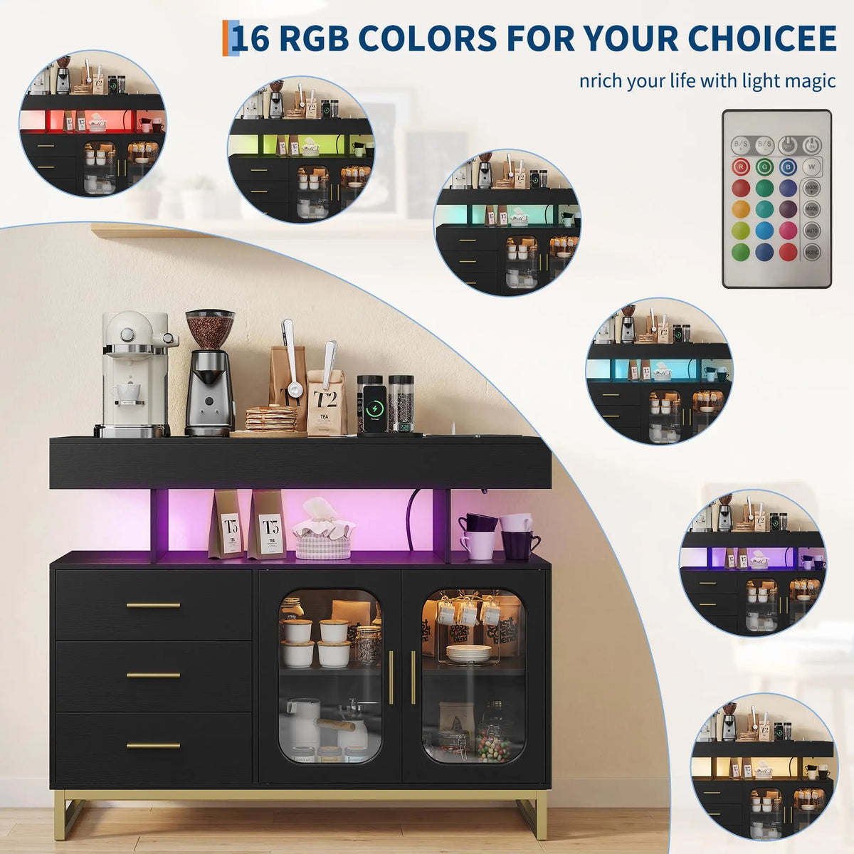 HiMiss Modern Sideboard With LED Lights And Charging Station