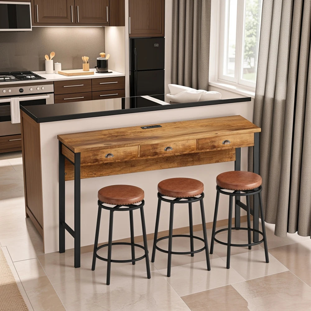 Three Drawer Dining Table Set With Power Outlets And PU Stools