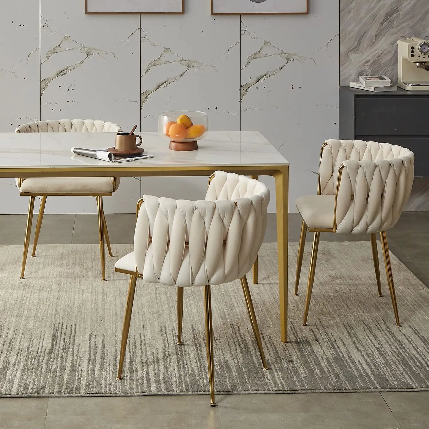 Velvet Dining Chairs Set With Golden Legs And Woven Back