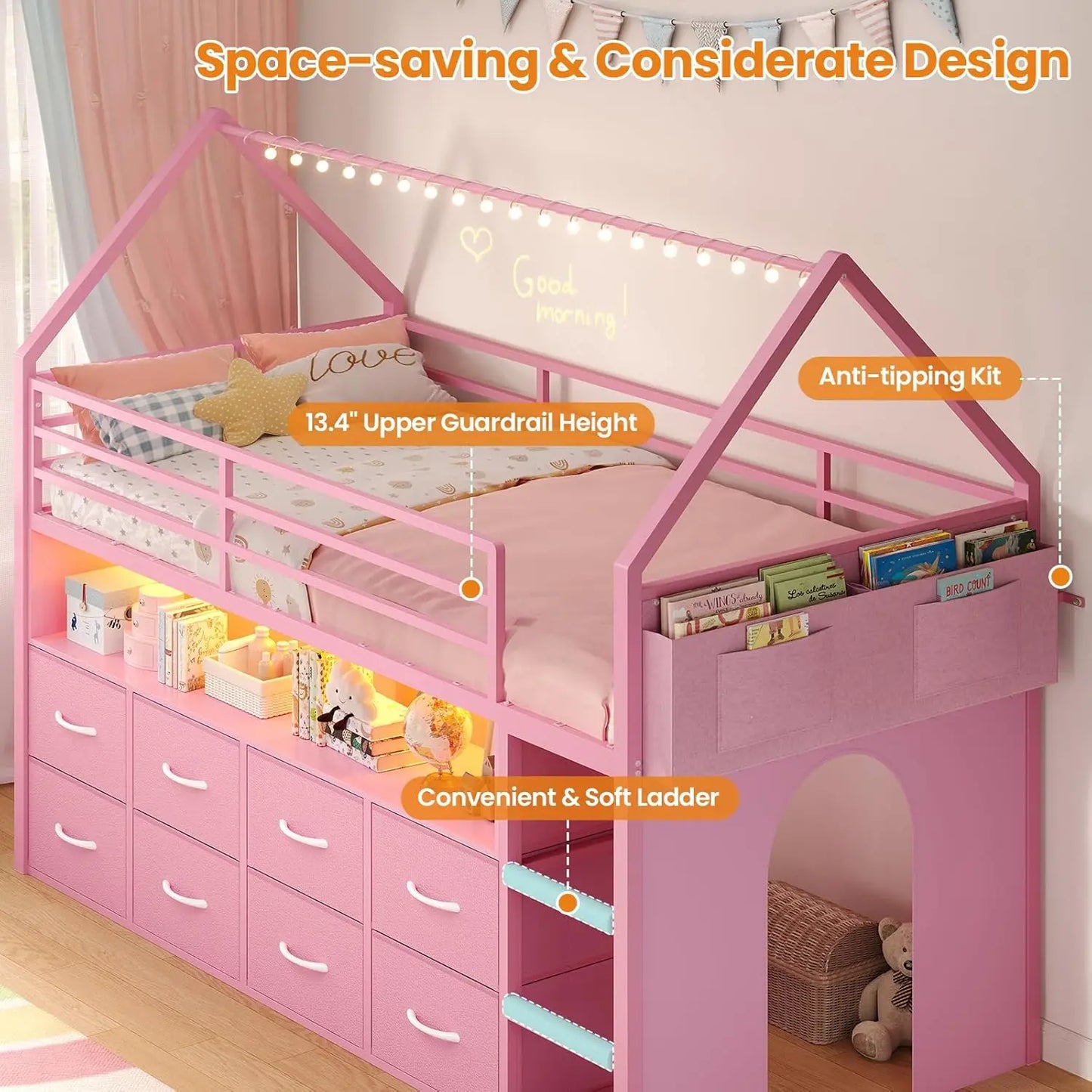 Loft Bed For Kids With Storage Drawers And LED Lights