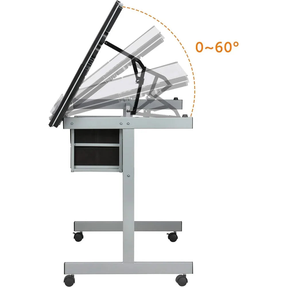 Adjustable Tempered Glass Drafting Table With Tilt Surface And Drawers