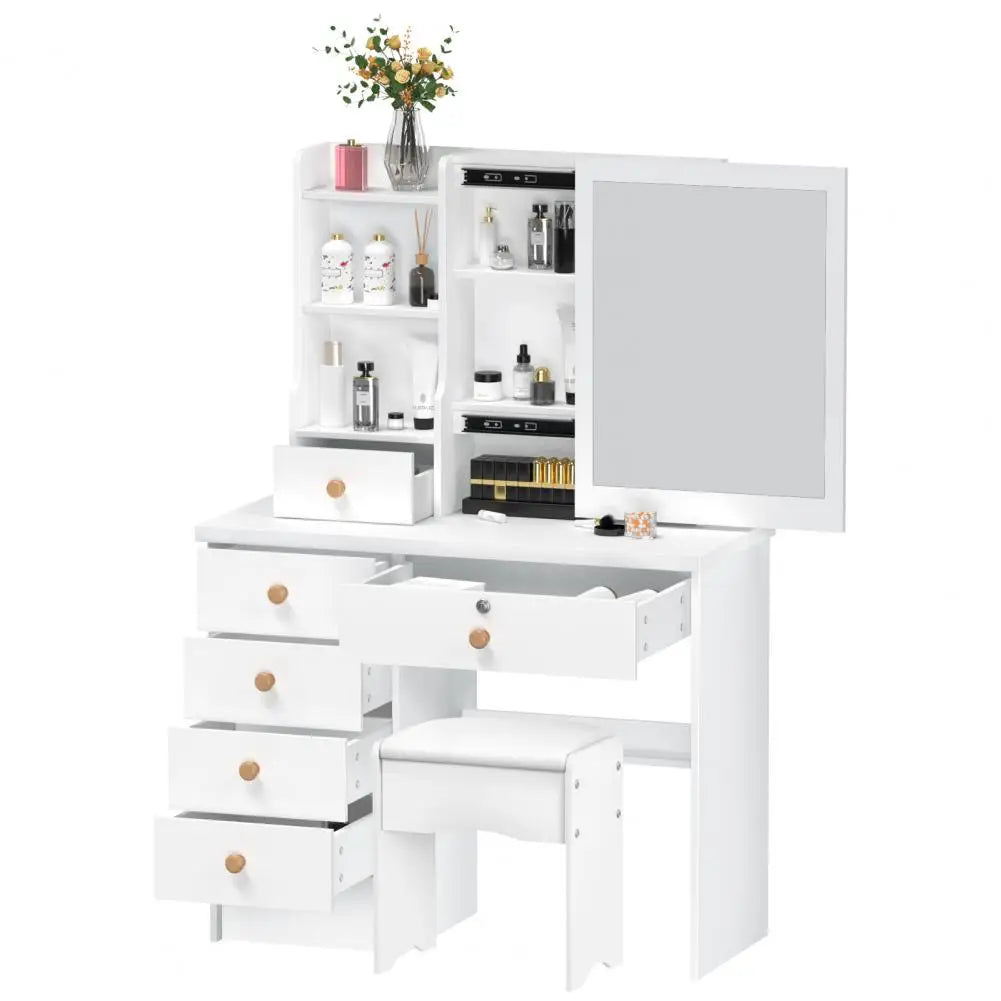 Modern Wooden Vanity Desk With Sliding Mirror and Drawers